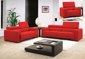 Fabricated-Red-Sofas-on-White-Rug-in-Modern-Living-Room-Equipped-with-White-Rug-Design-on-Marble-Flooring-Unit-with-White-Wall-Painting-Idea